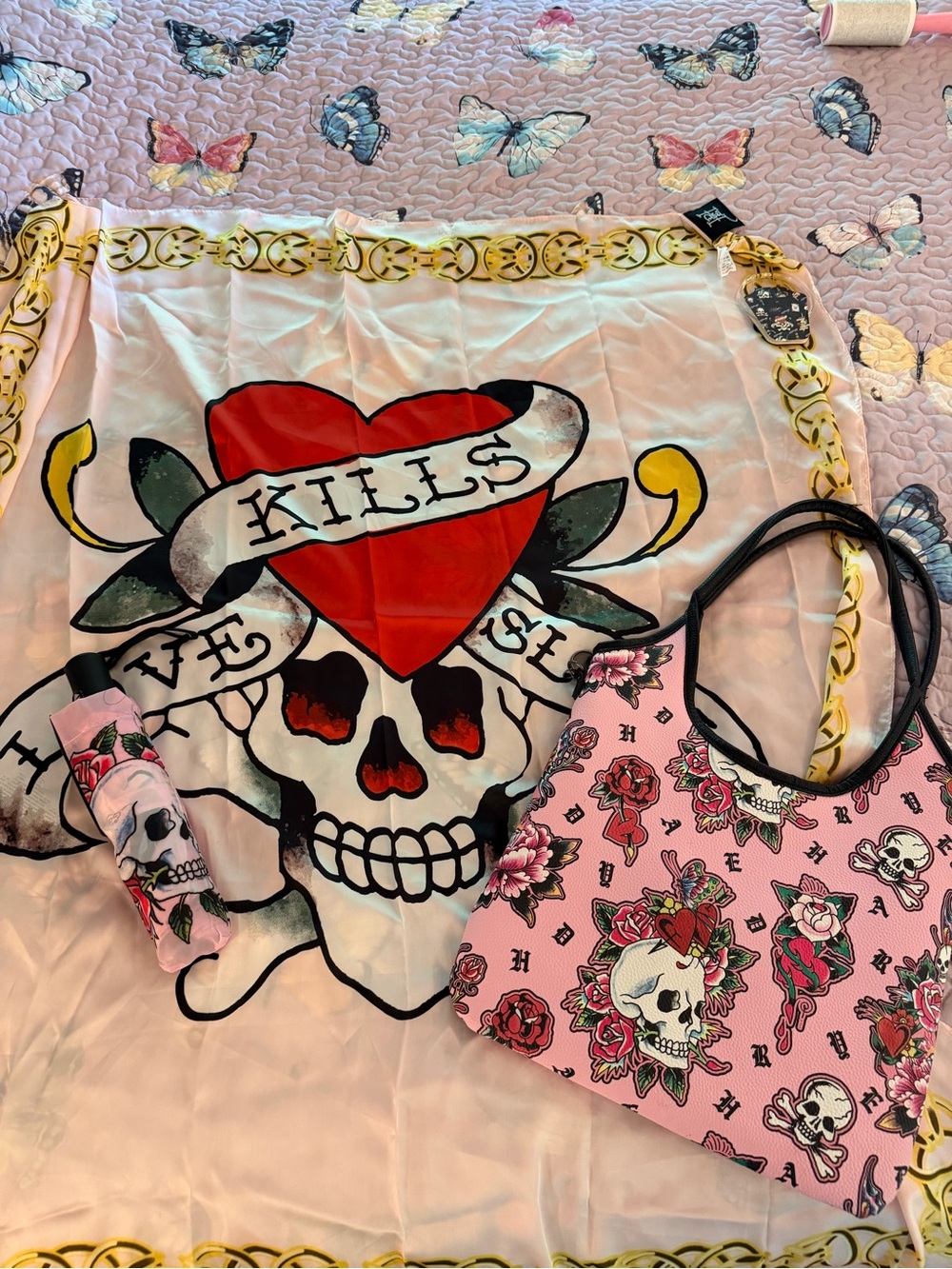 Ed Hardy bundle of bag umbrella and large silky scarf
